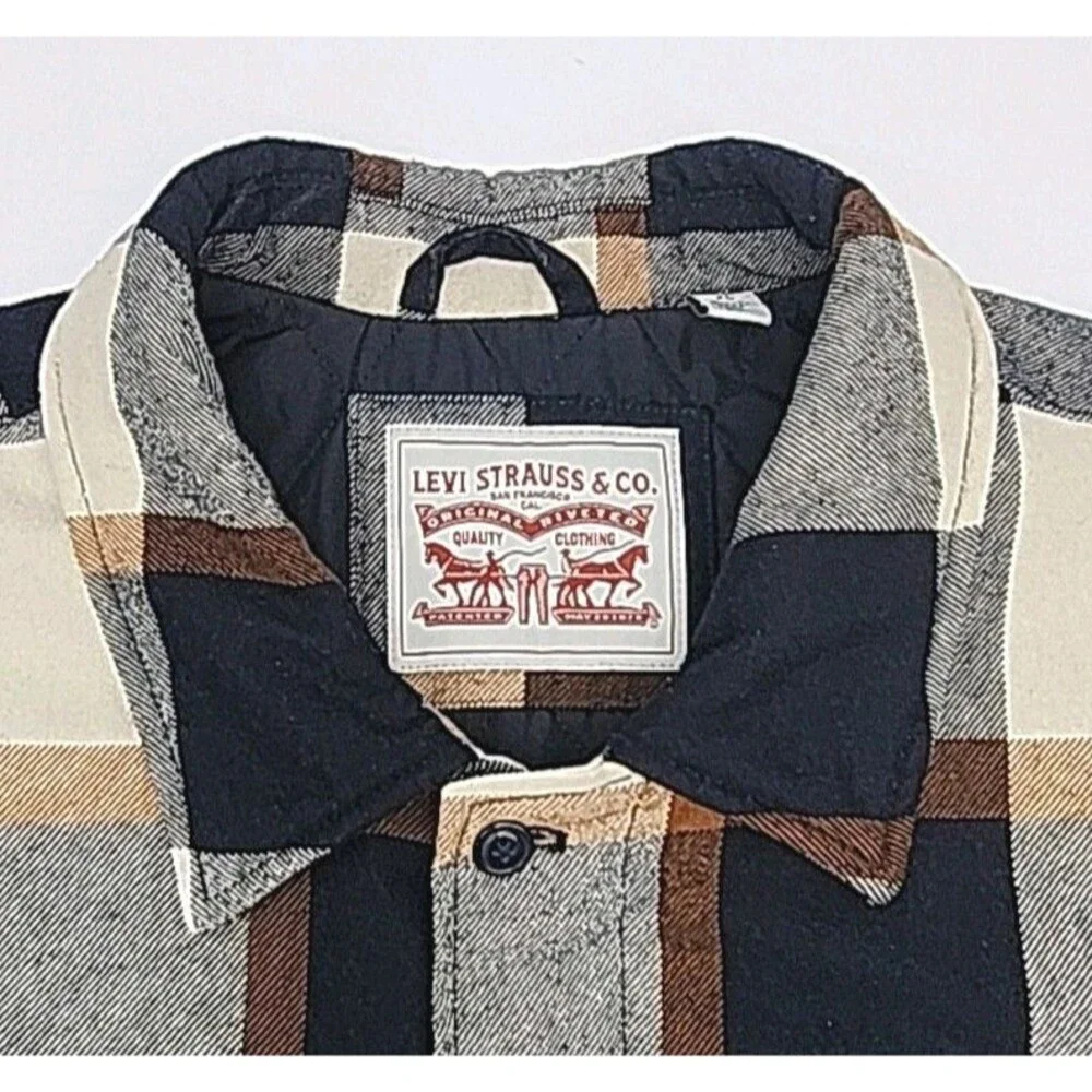 Levi Strauss Jacket Coat Quilt Lined Men Sz XL Zip Button Blue Tan Plaid Pockets